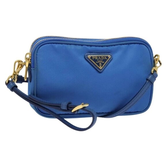 PRADA Shoulder Bag Nylon Gold Blue Auth 129679 - Picture 1 of 16